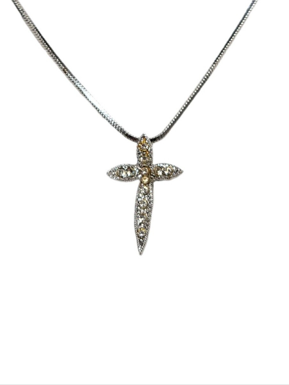 Vintage Nadri CZ Silver Cross Pendant Necklace with Clear & Champagne Stones